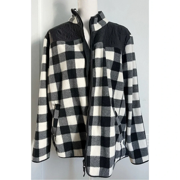 Talbots • Black White Plaid Fleece Zip Down Jacket - Picture 1 of 5